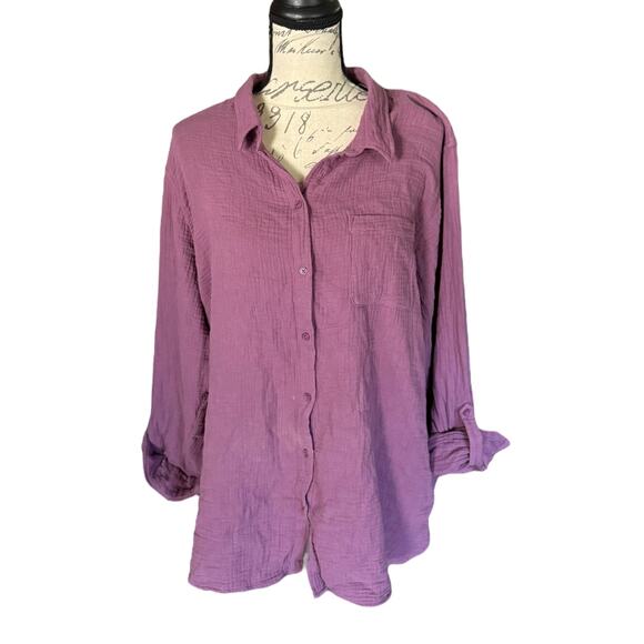 Anne Klein Purple Rolled Sleeve Cotton Textured Shirt Size XXL - Picture 1 of 4